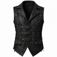 Men’s Black Genuine Leather Skull Buckle & Lace Vest