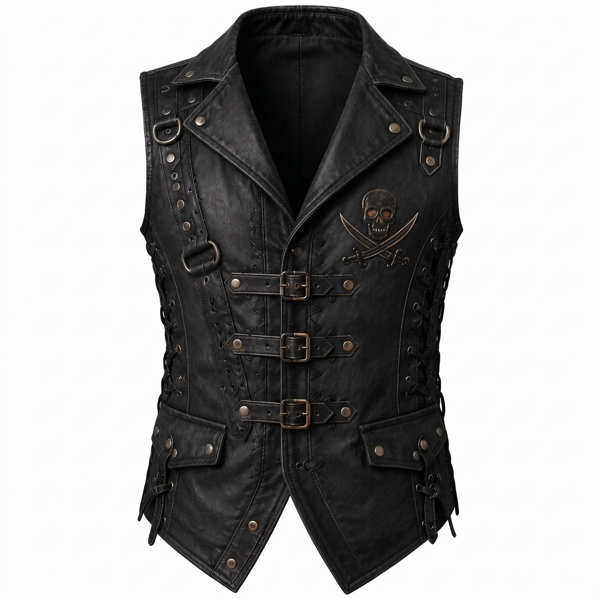 Men’s Black Genuine Leather Skull Buckle & Lace Vest