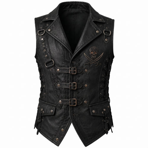 Men’s Black Genuine Leather Skull Buckle & Lace Vest