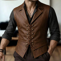 Men’s Brown Genuine Leather Lace-Front Ornate-Button Vest