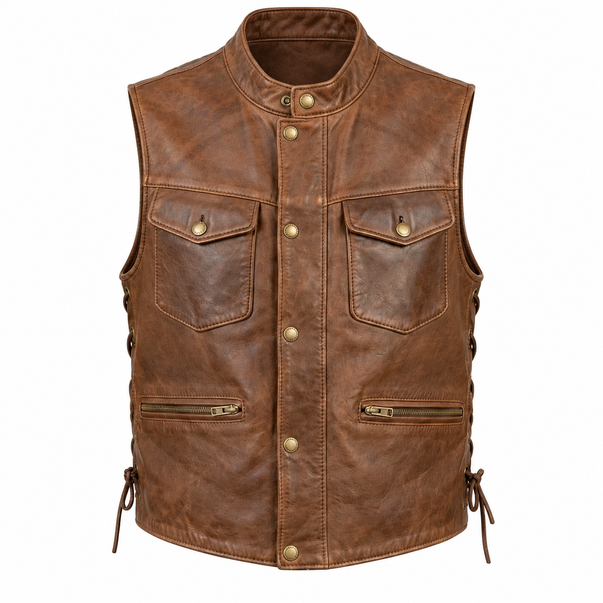 Men’s Brown Genuine Leather Utility Stand-Collar Vest