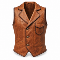 Men’s Cognac Genuine Leather Braided-Trim Three-Button Vest