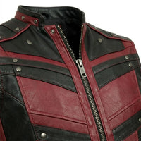 Men’s Black & Burgundy Genuine Leather Zip-Buckle Vest