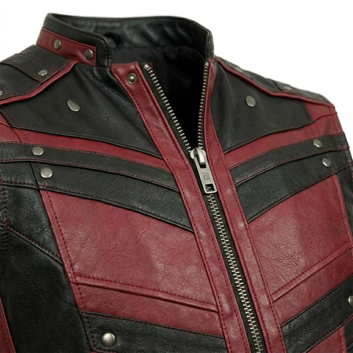 Men’s Black & Burgundy Genuine Leather Zip-Buckle Vest