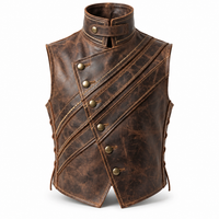 Men’s Distressed Brown Genuine Leather Asymmetric Snap Vest