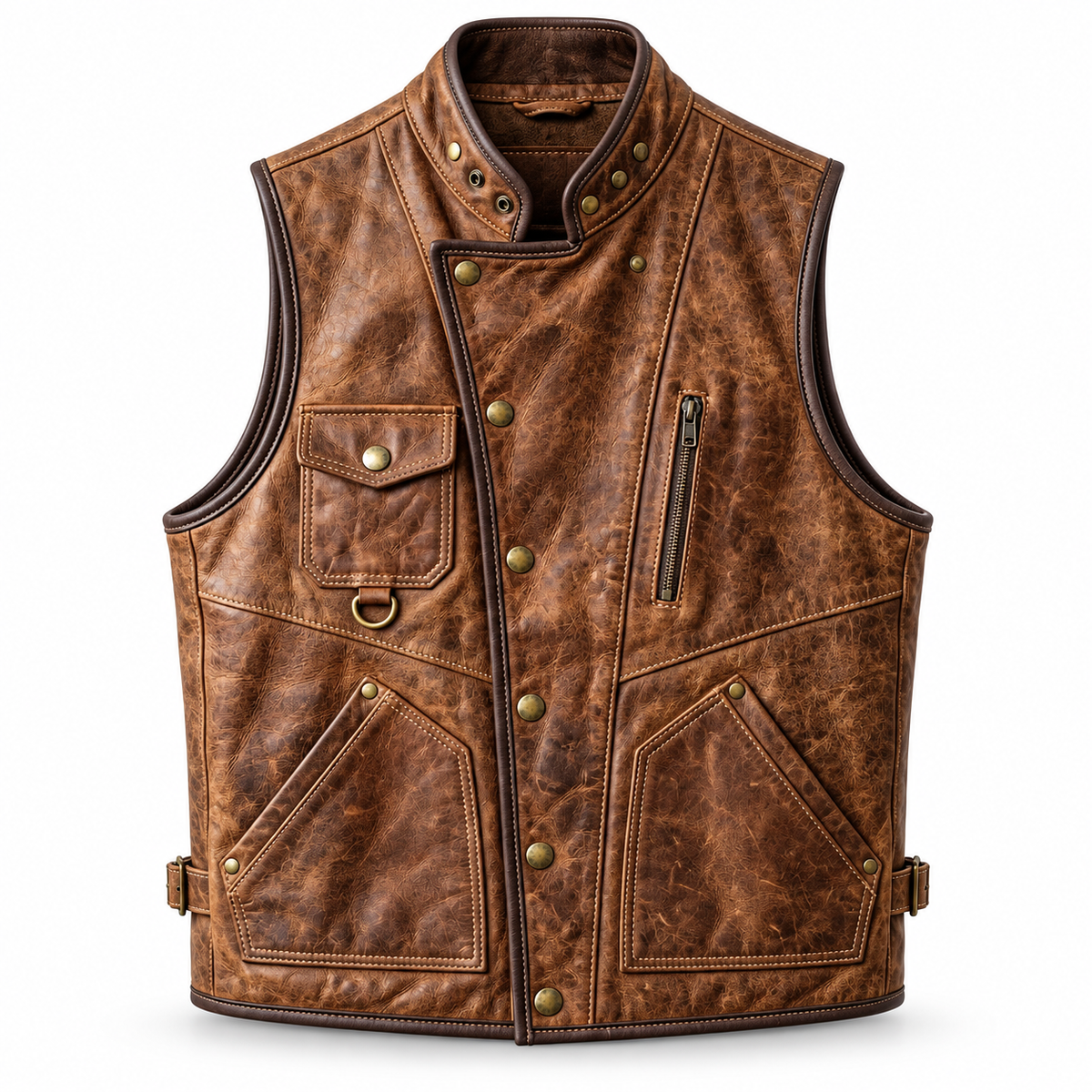 Men’s Distressed Brown Genuine Leather Snap-Front Utility Vest