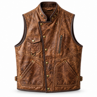 Men’s Distressed Brown Genuine Leather Snap-Front Utility Vest