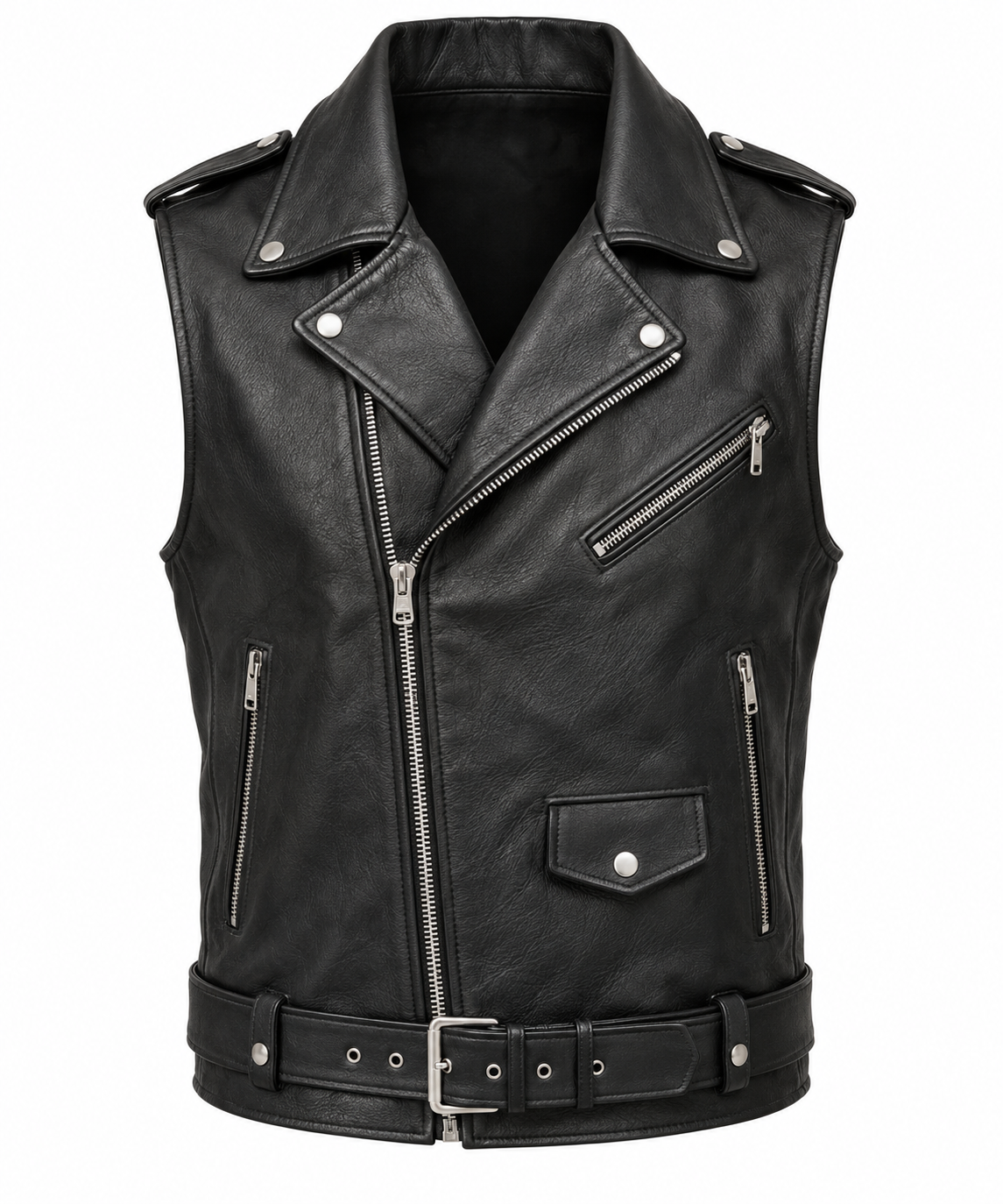 Men’s Black Genuine Leather Asymmetric-Zip Biker Vest
