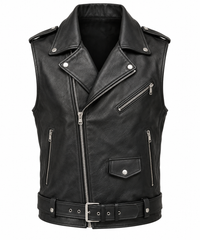 Men’s Black Genuine Leather Asymmetric-Zip Biker Vest