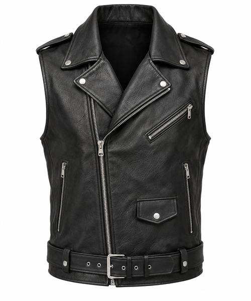 Men’s Black Genuine Leather Asymmetric-Zip Biker Vest