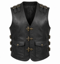 Men’s Black Genuine Leather Toggle-Cargo Biker Vest