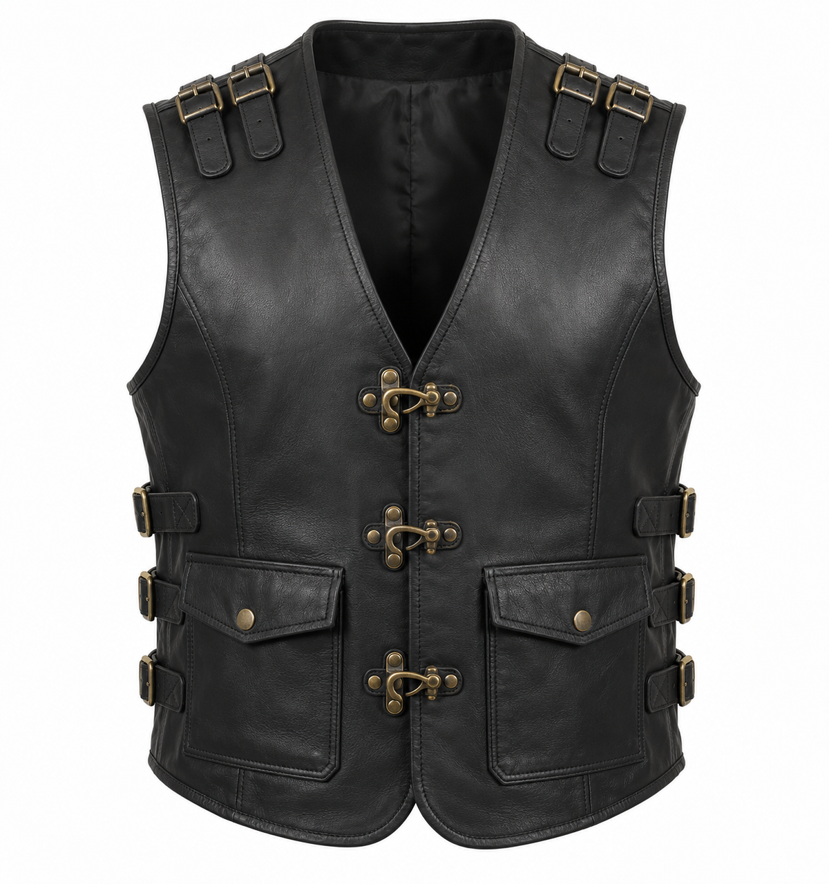 Men’s Black Genuine Leather Toggle-Cargo Biker Vest