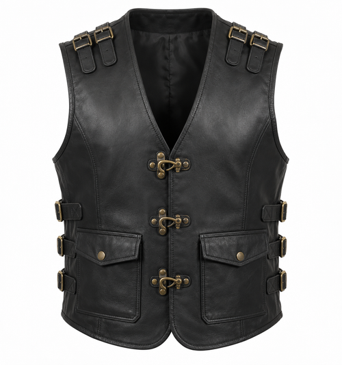 Men’s Black Genuine Leather Toggle-Cargo Biker Vest