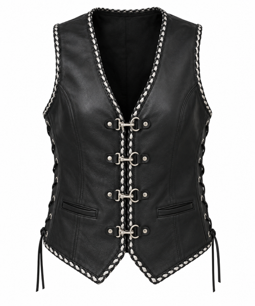 Men’s Black Genuine Leather Braided Hook-Closure Biker Vest