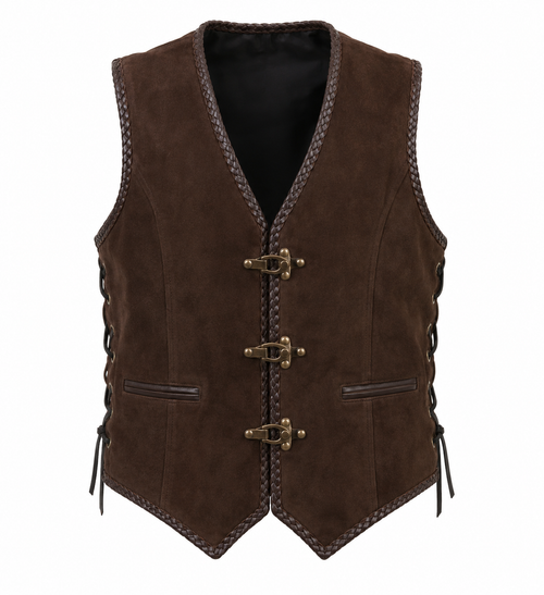 Men’s Dark Brown Genuine Suede Toggle Biker Vest
