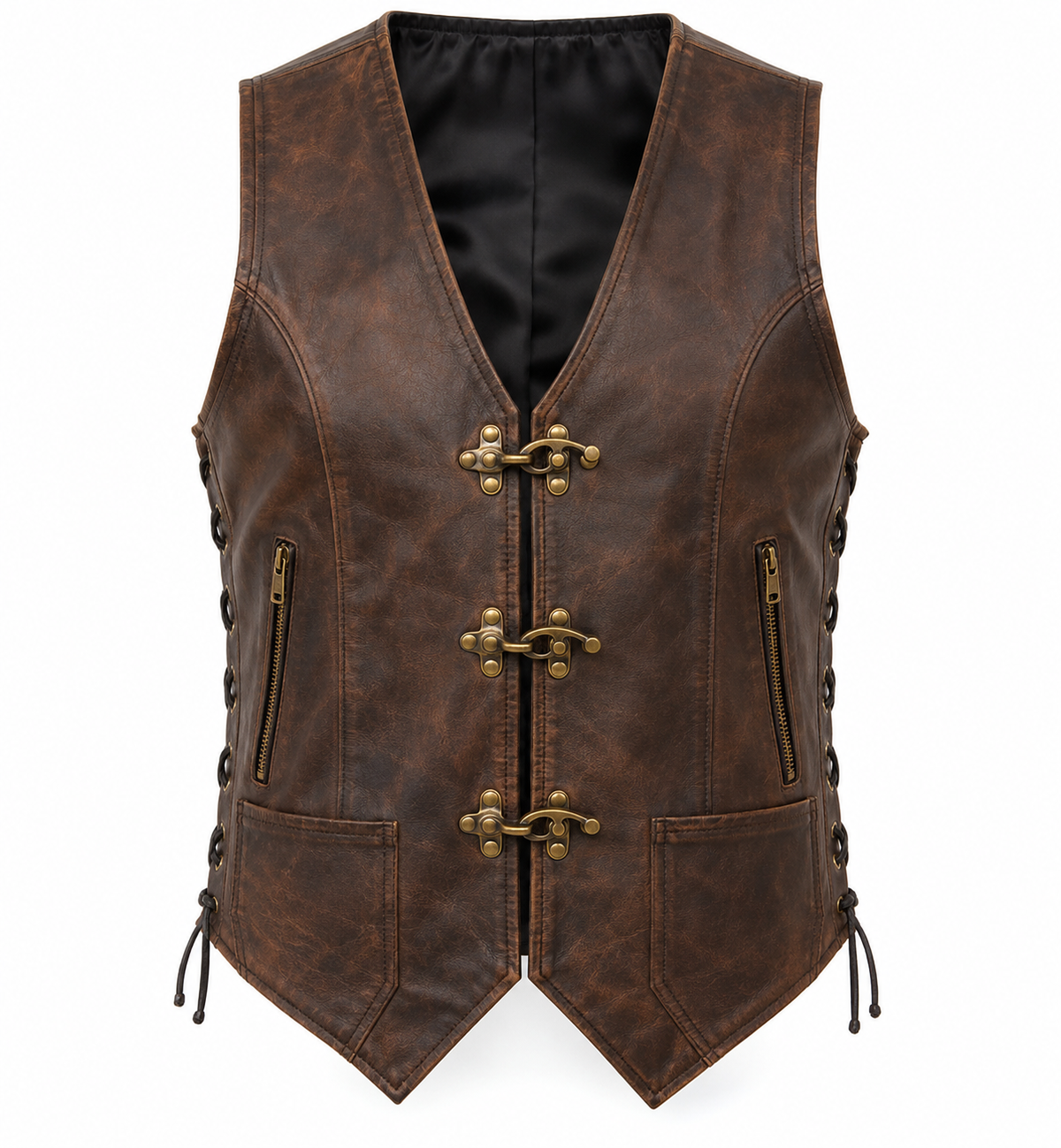 Men’s Vintage Brown Genuine Leather Toggle-Lace Biker Vest