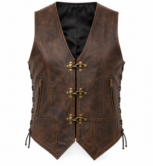 Men’s Vintage Brown Genuine Leather Toggle-Lace Biker Vest