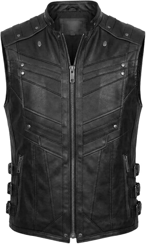 Men’s Black Genuine Leather Zip-Front Side-Buckle Vest