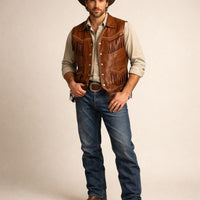 Men’s Cognac Genuine Leather Western Fringe Vest