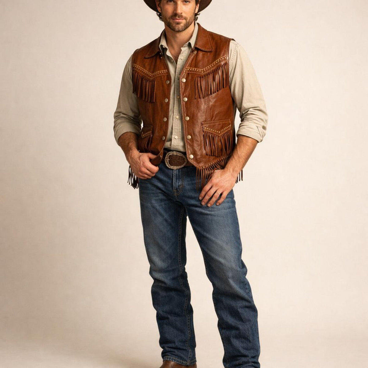 Men’s Cognac Genuine Leather Western Fringe Vest