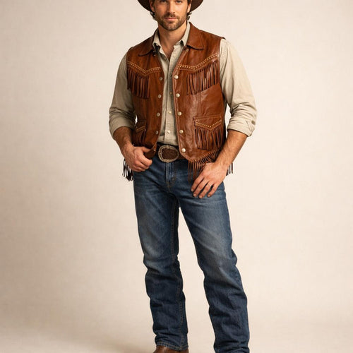 Men’s Cognac Genuine Leather Western Fringe Vest