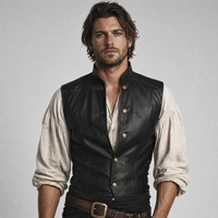 Men’s Black Genuine Leather Stand-Collar Side-Lace Vest