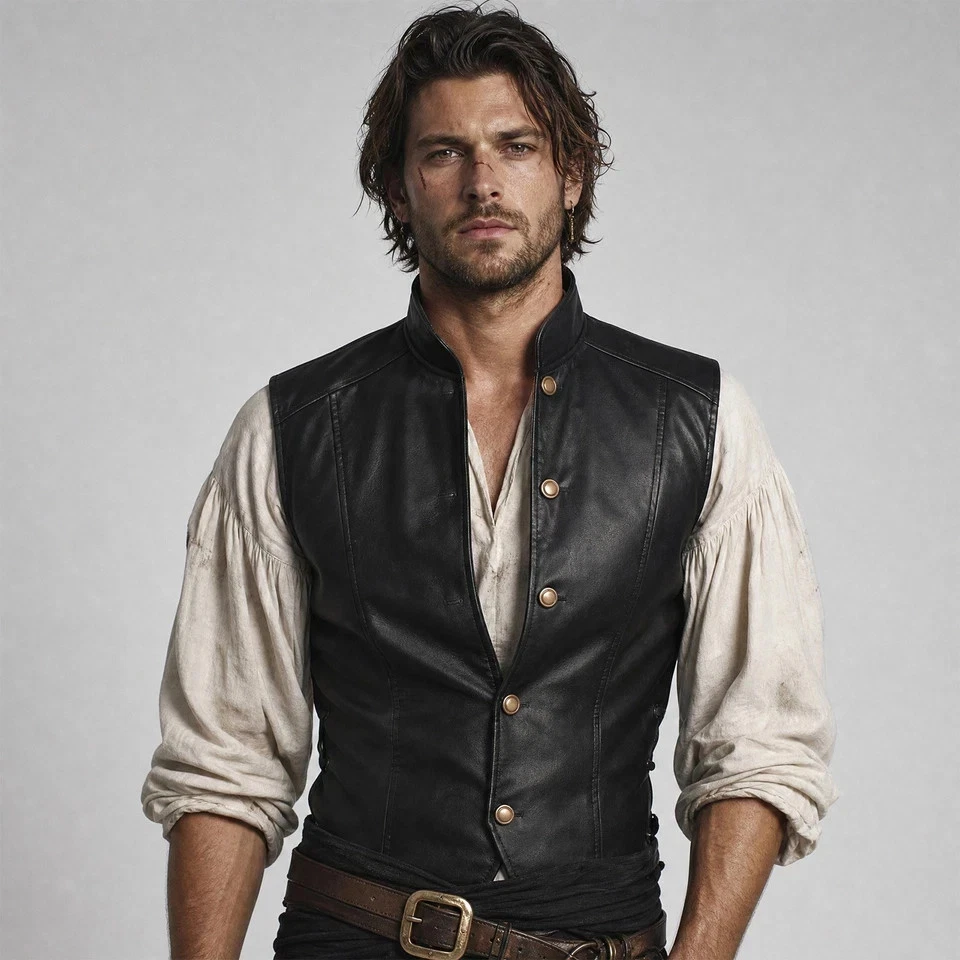 Men’s Black Genuine Leather Stand-Collar Side-Lace Vest