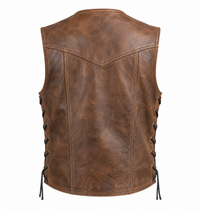 Men’s Vintage Brown Genuine Leather Toggle-Lace Biker Vest