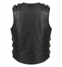 Men’s Black Genuine Leather Toggle-Cargo Biker Vest