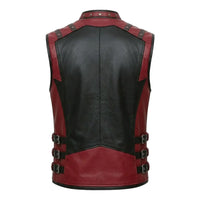 Men’s Black & Burgundy Genuine Leather Zip-Buckle Vest
