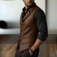 Men’s Brown Genuine Leather Lace-Front Ornate-Button Vest