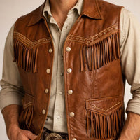 Men’s Cognac Genuine Leather Western Fringe Vest