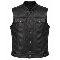 Men’s Black Genuine Leather Biker Vest – Snap Front & Chest Pockets