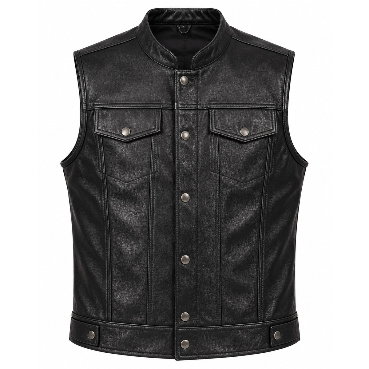 Men’s Black Genuine Leather Biker Vest – Snap Front & Chest Pockets