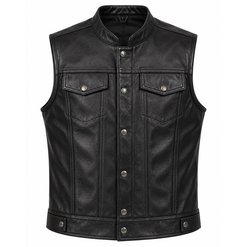 Men’s Black Genuine Leather Biker Vest – Snap Front & Chest Pockets