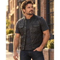 Men’s Black Genuine Leather Biker Vest – Snap Front & Chest Pockets
