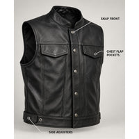 Men’s Black Genuine Leather Biker Vest – Snap Front & Chest Pockets