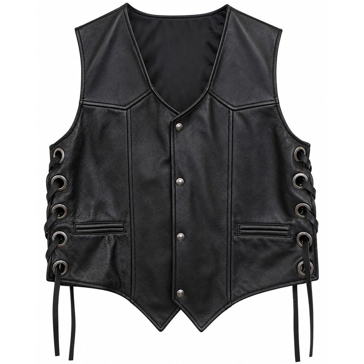 Men’s Black Genuine Leather Side-Lace Biker Vest – Snap Front