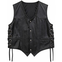Men’s Black Genuine Leather Side-Lace Biker Vest – Snap Front