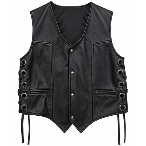 Men’s Black Genuine Leather Side-Lace Biker Vest – Snap Front