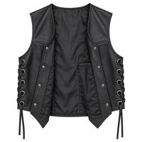 Men’s Black Genuine Leather Side-Lace Biker Vest – Snap Front