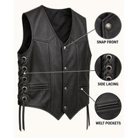 Men’s Black Genuine Leather Side-Lace Biker Vest – Snap Front