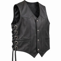 Men’s Black Genuine Leather Side-Lace Biker Vest – Snap Front