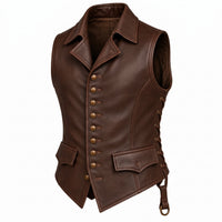Men’s Brown Genuine Leather Vest – Side Lace & Back Belt