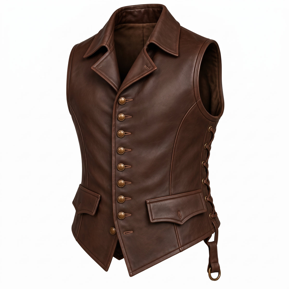 Men’s Brown Genuine Leather Vest – Side Lace & Back Belt