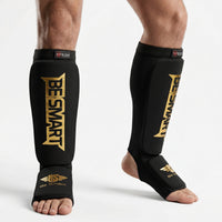 Be Smart Black & Gold Shin Instep Guards – Padded Shin Pads for MMA, Muay Thai, Kickboxing & Karate (Adult)
