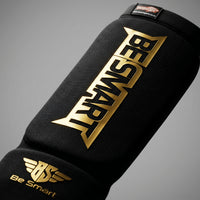 Be Smart Black & Gold Shin Instep Guards – Padded Shin Pads for MMA, Muay Thai, Kickboxing & Karate (Adult)