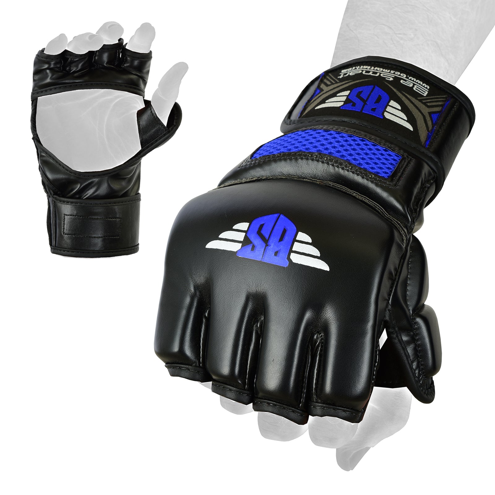 MMA Grappling Gloves – Black & Blue Open Palm