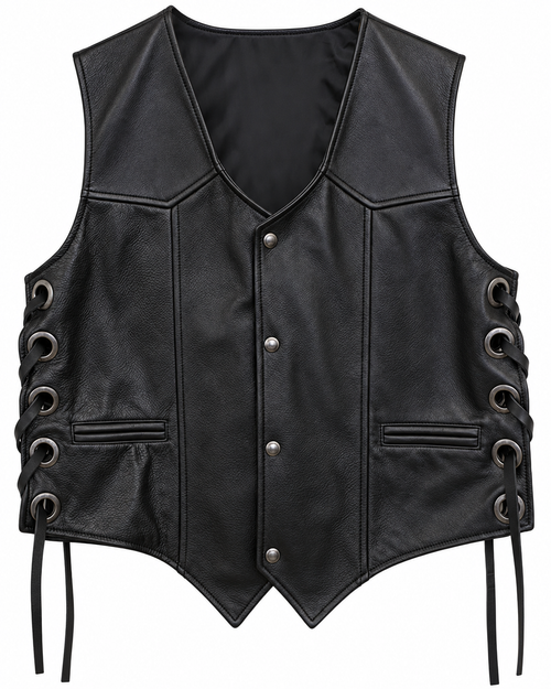 Men’s Black Genuine Leather Side-Lace Biker Vest
