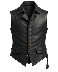 Men’s Black Genuine Leather Vest – Brass Buttons & Back Belt